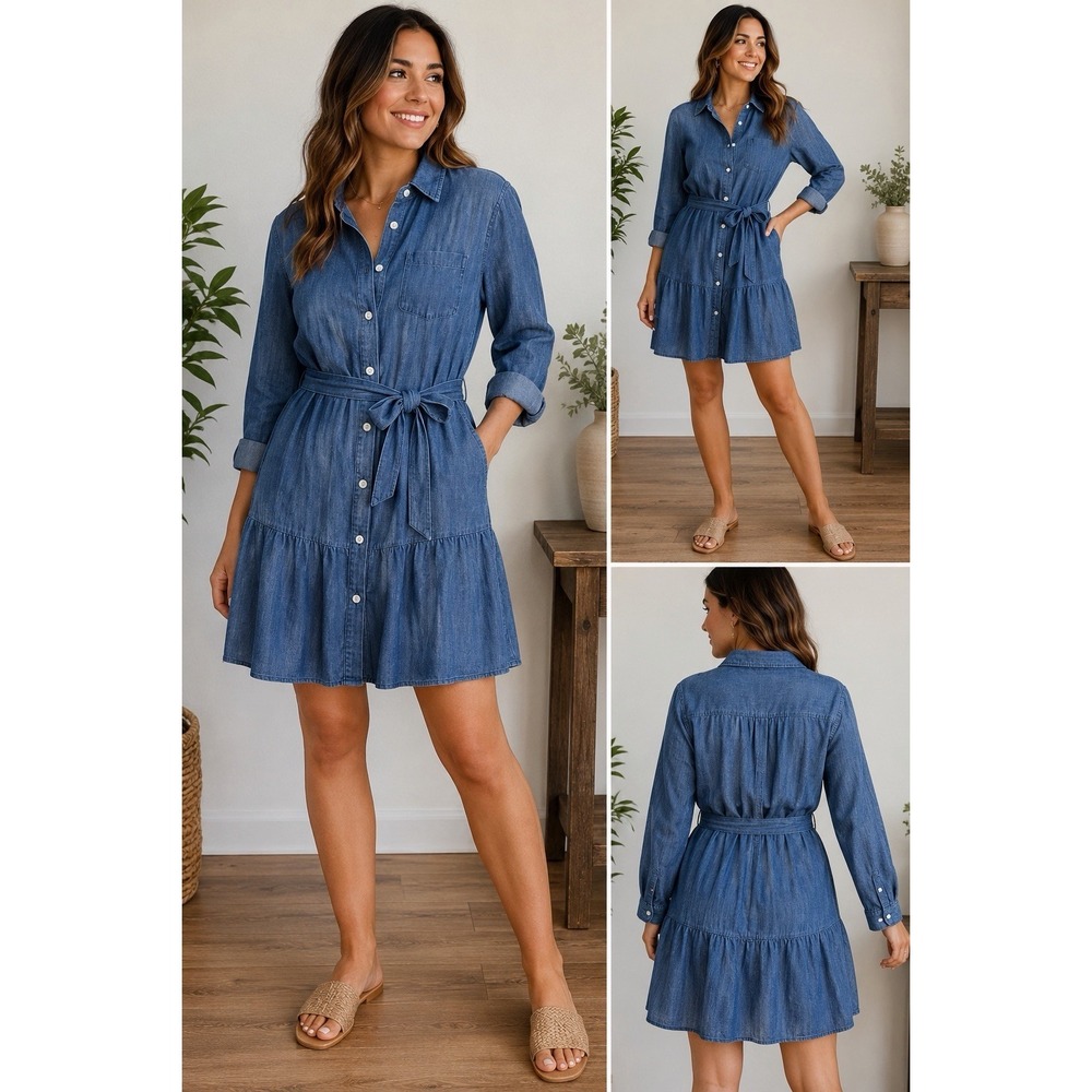 LOFT Blue Chambray Linen Blend Tie Waist Button Front Shirt‎ Dress Women's ST